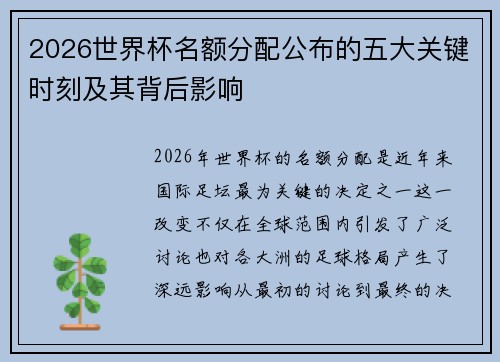 2026世界杯名额分配公布的五大关键时刻及其背后影响