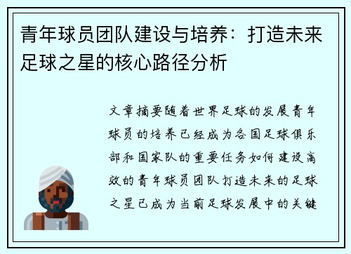 青年球员团队建设与培养:打造未来足球之星的核心路径分析 青年球员团队建设与培养:打造未来足球之星的核心路径分析