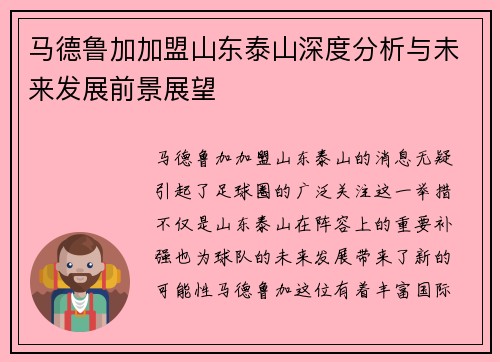 马德鲁加加盟山东泰山深度分析与未来发展前景展望 马德鲁加加盟山东泰山深度分析与未来发展前景展望